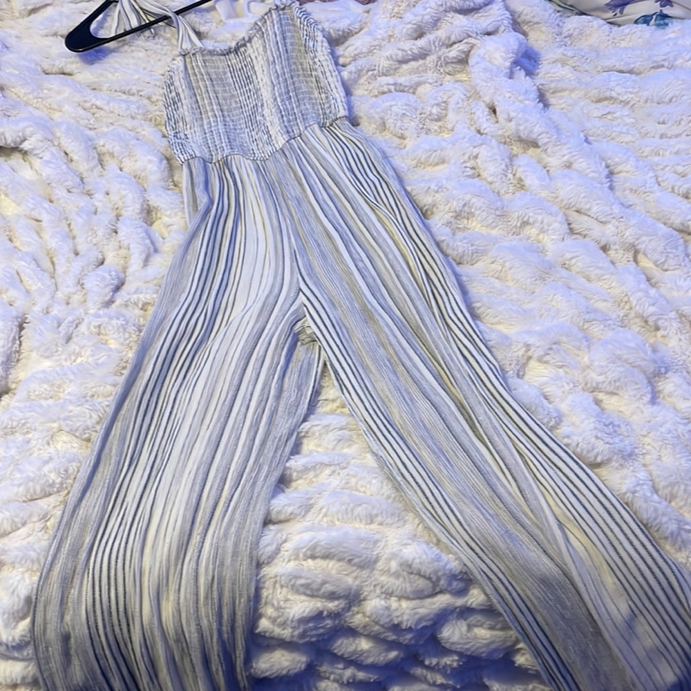 Blue and white striped jumpsuit